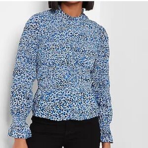 Express Blue and Black Smocked Leopard Print Top Size M